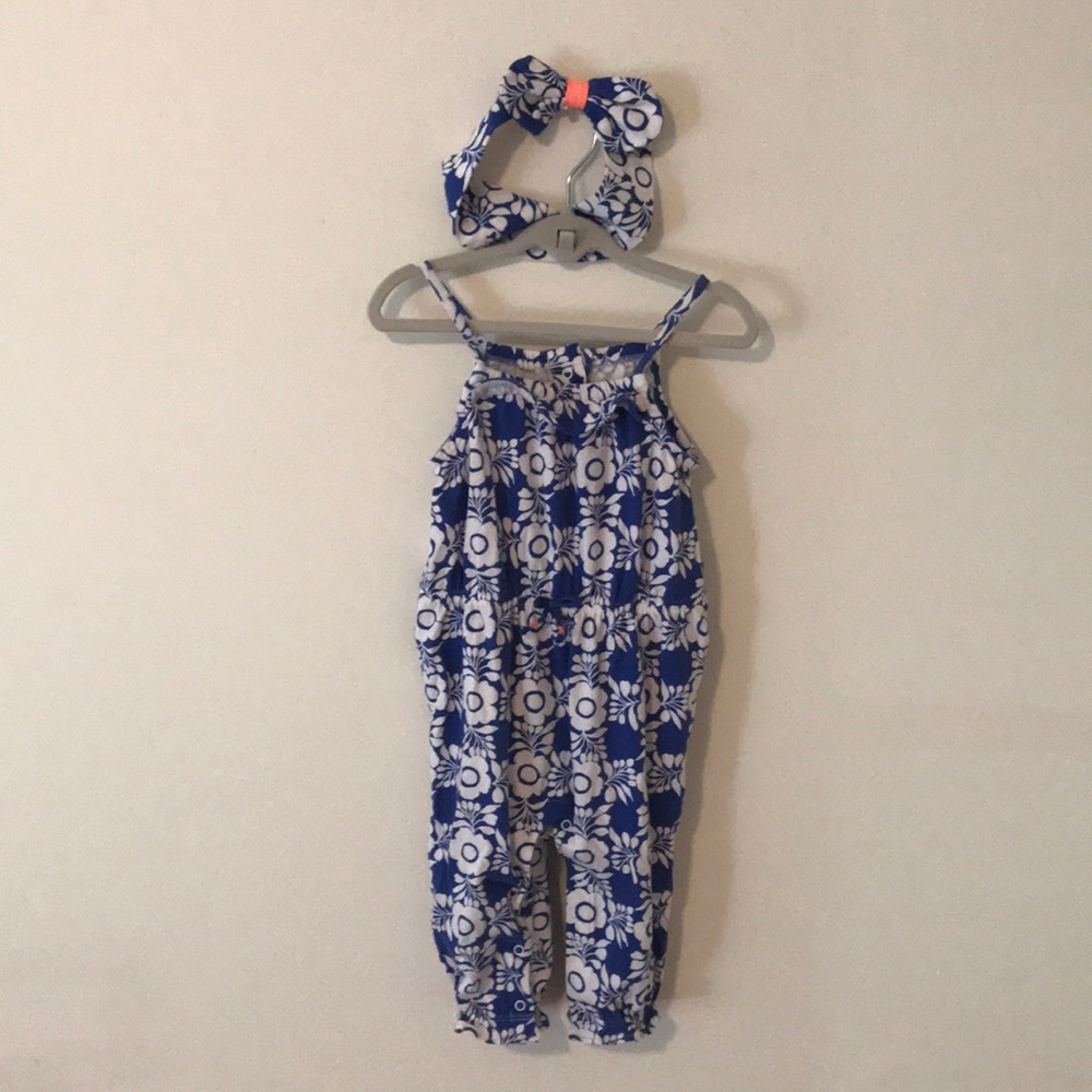 ❤️ 3/$25 Gymboree Floral Blue & White Tank Romper w/ Matching Headband | 9-12mo